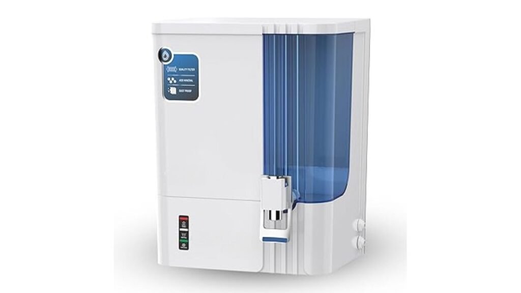 A modern RO UV water purifier mounted in a clean, bright contemporary kitchen.