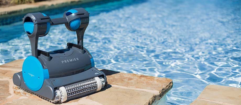 A modern robotic pool cleaner submerged in clear blue water for easy pool maintenance.