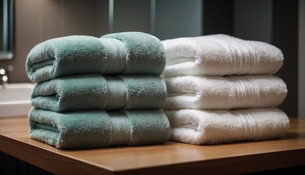 A stack of high-quality textured cotton bath towels rests on a clean bathroom counter.