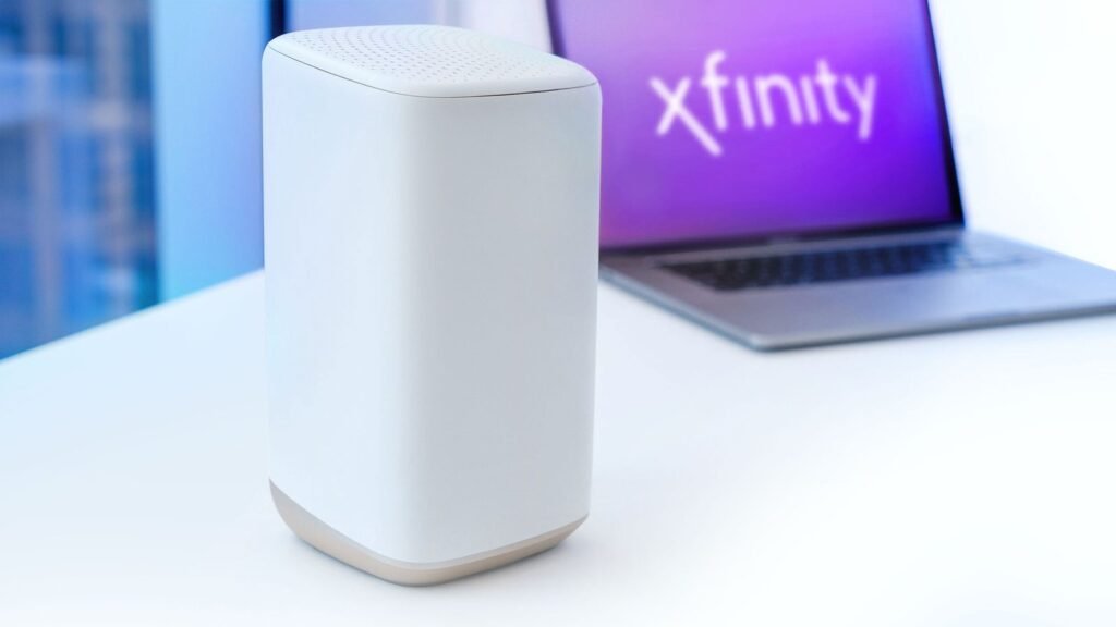 A modern high-performance Wi-Fi router for Xfinity internet service displayed in a home.