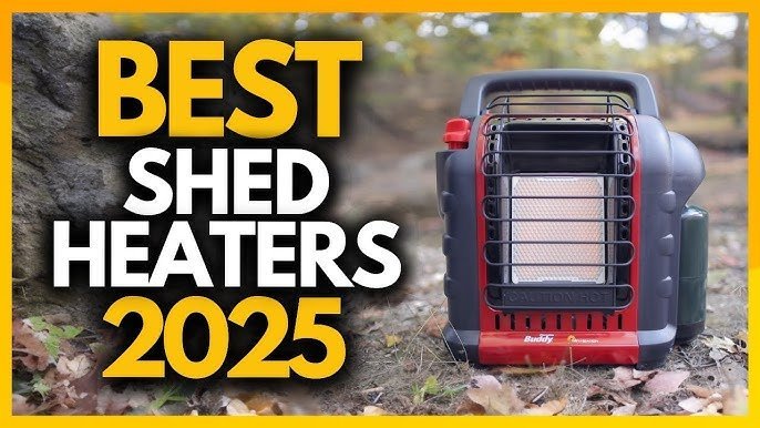 A modern electric space heater keeps a tidy garden shed warm during winter.