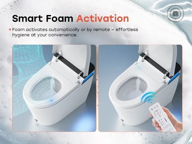A modern smart toilet seat with a remote in a clean luxury bathroom.