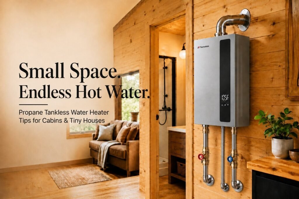 A modern electric space heater warms a cozy and minimalist tiny house interior.