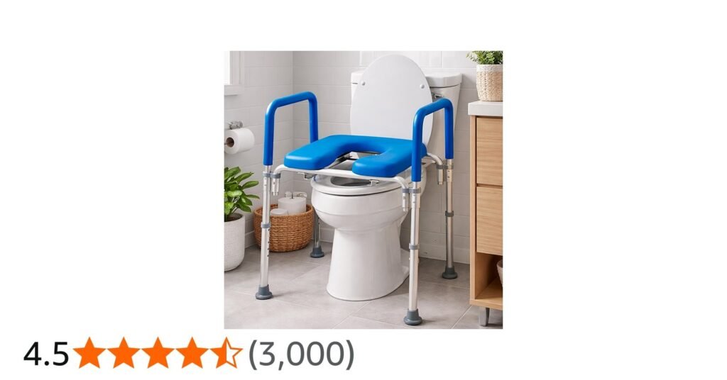A modern accessible bathroom featuring a specialized elevated toilet seat for improved safety.
