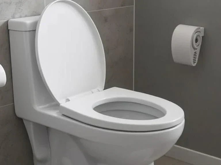 A modern, high-quality white toilet seat in a bright, minimalist bathroom setting.