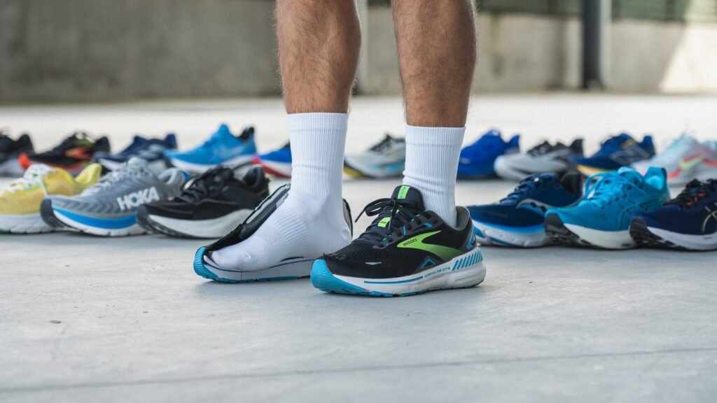High-performance trail running shoes designed for overpronation resting on a dirt mountain trail.