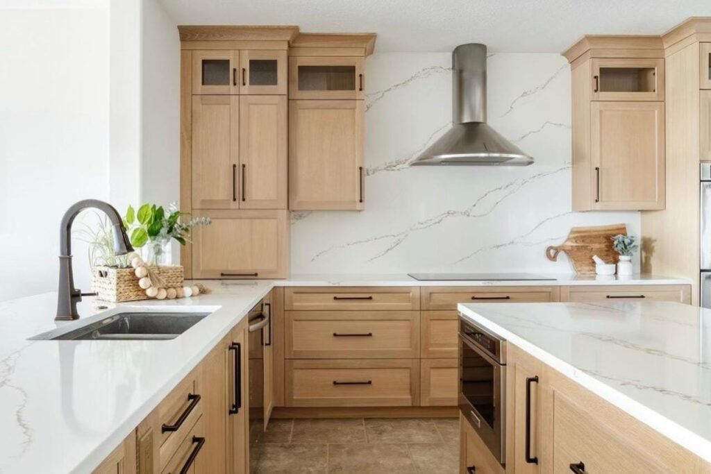 Unfinished RTA cabinets showing high-quality wood grain in a bright modern kitchen.
