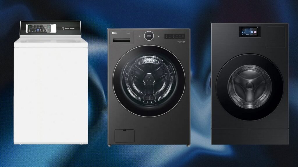 A modern washing machine sits in a clean, sunlit laundry room for best results.