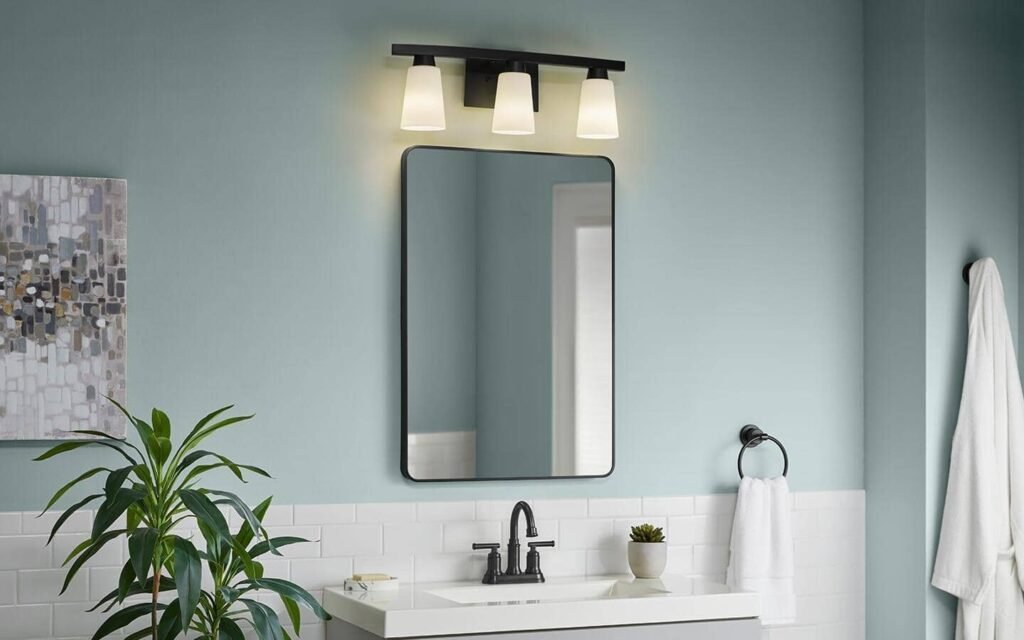 A modern bathroom vanity illuminated by soft, warm lighting for the best wattage.