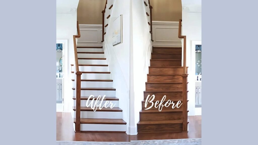 A bright modern staircase featuring clean white paint on the stair risers.