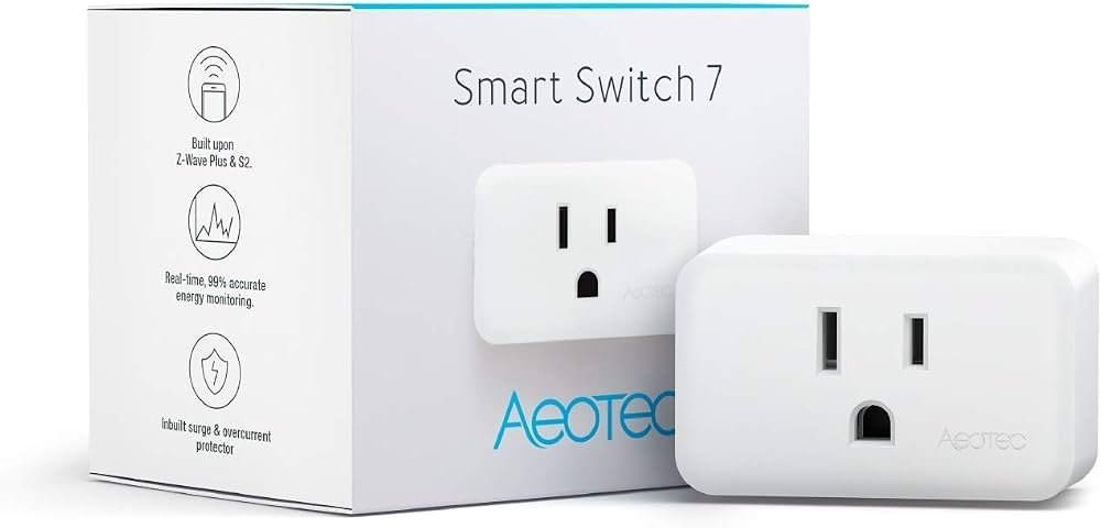 A Z-Wave smart plug connected to a wall outlet in a modern home.