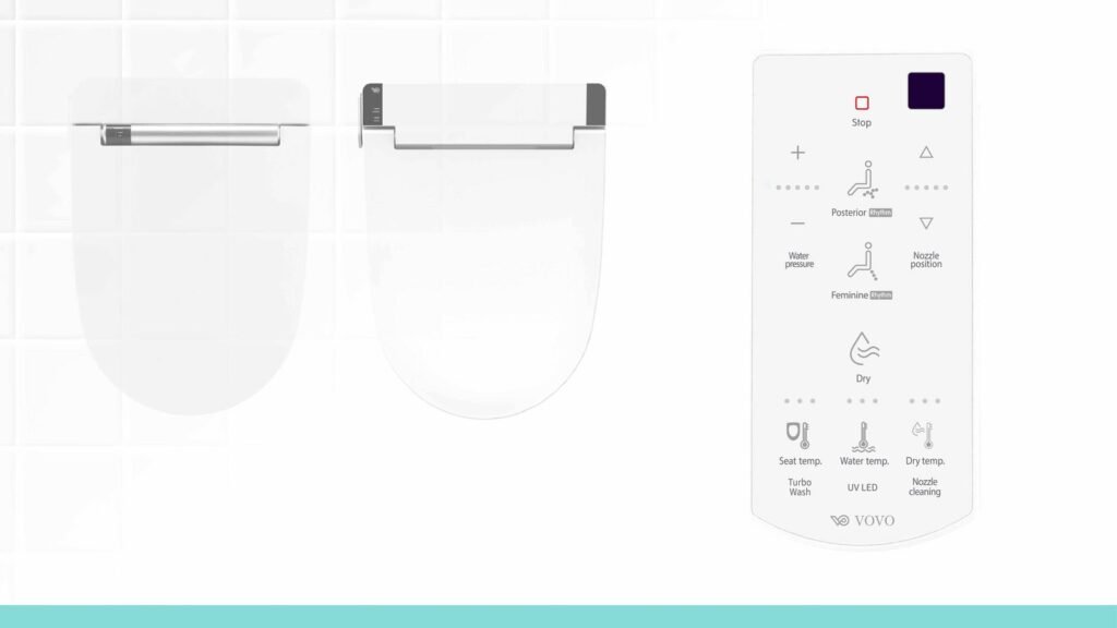 A clean modern electronic bidet toilet seat installed in a bright home bathroom.