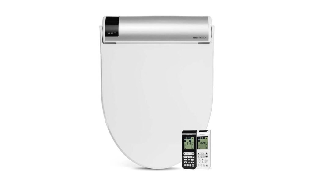 A modern electronic bidet seat installed on a clean white toilet in a bathroom.