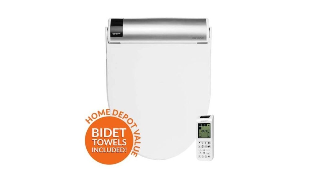 A modern electric bidet seat installed on a clean white toilet in a bathroom.