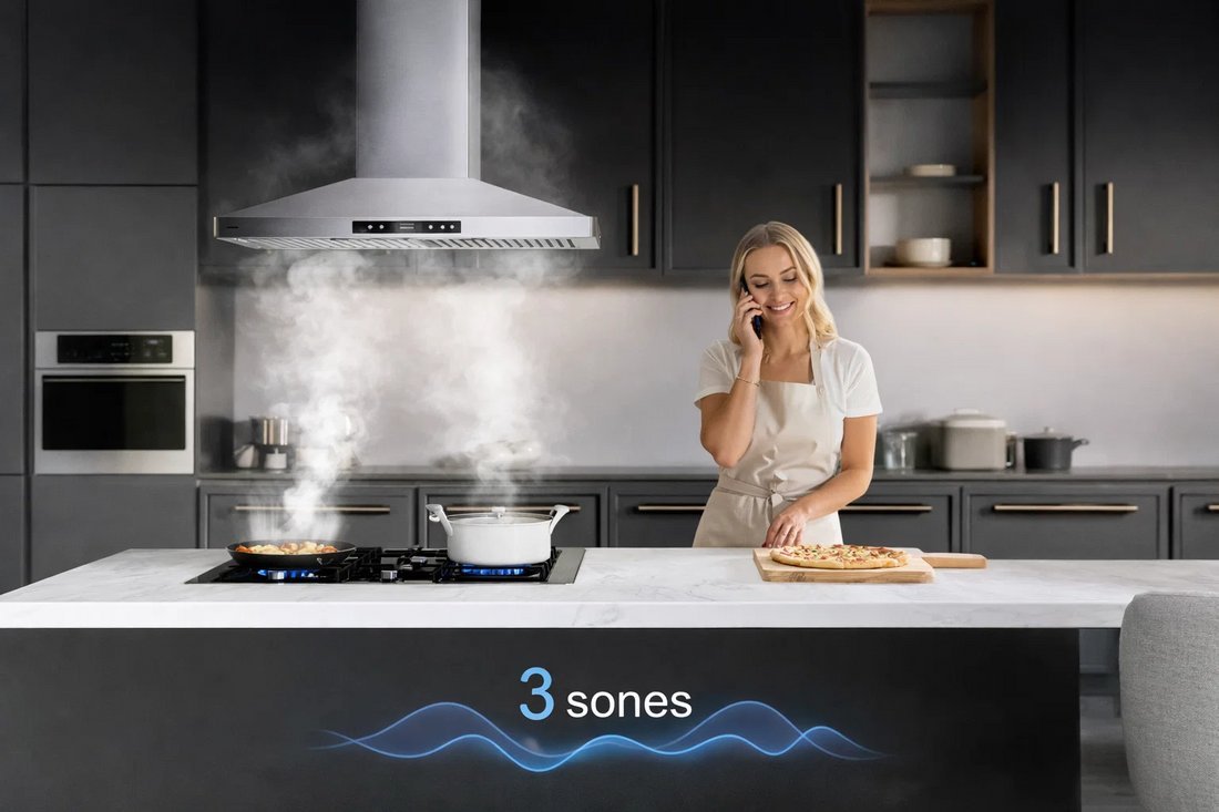 Close-up of a kitchen range hood filter capturing cooking smoke and grease particles.