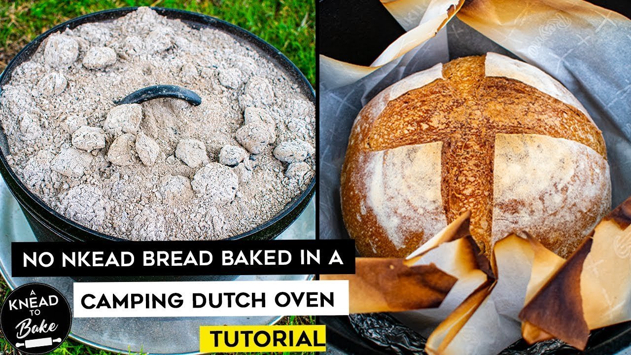A thermometer measures the temperature of bread baking inside a camping oven.