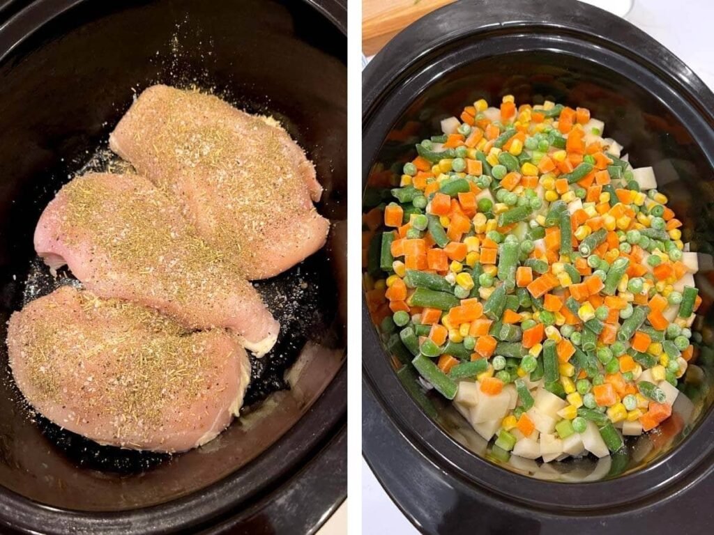 A slow cooker filled with colorful vegetables and broth for convenient meal prep.
