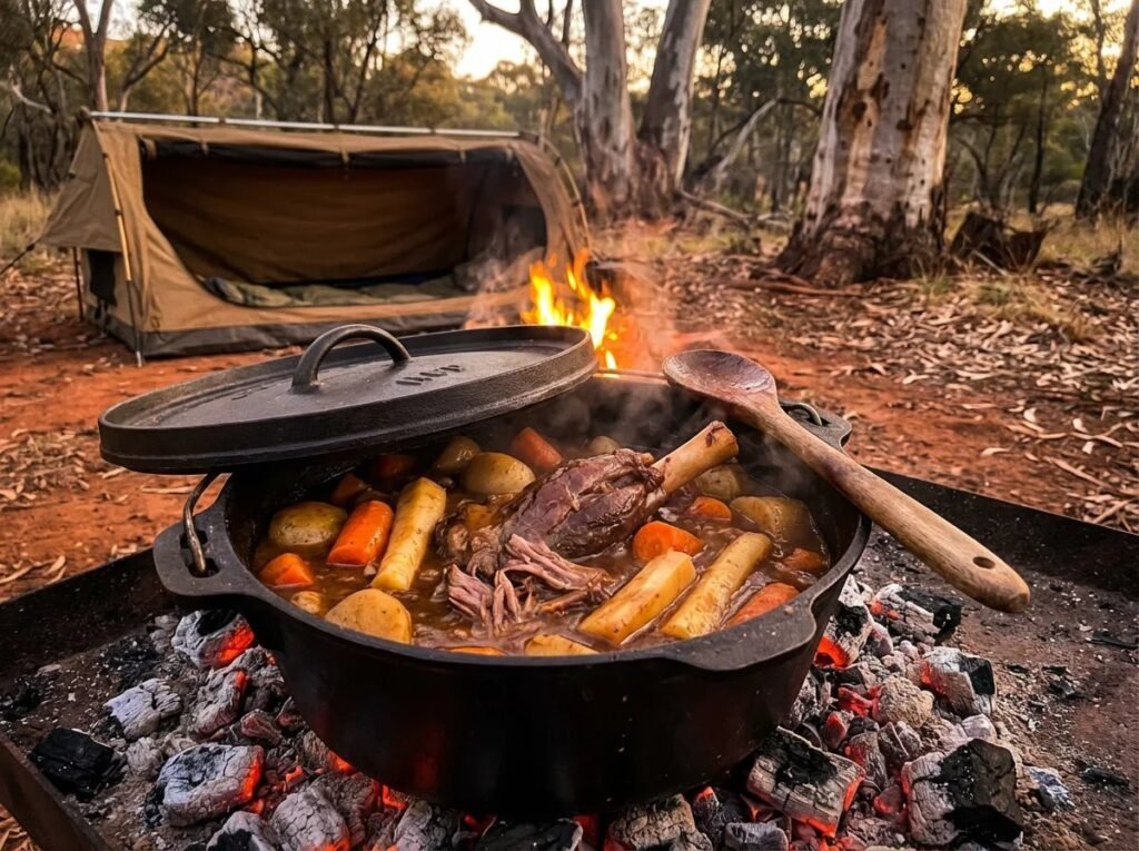 A portable camping oven sitting on a wooden table outdoors with roasted vegetables inside.