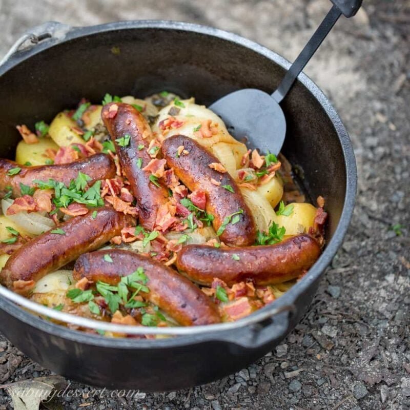 An organized outdoor cooking station set up for answering frequent camping casserole questions.