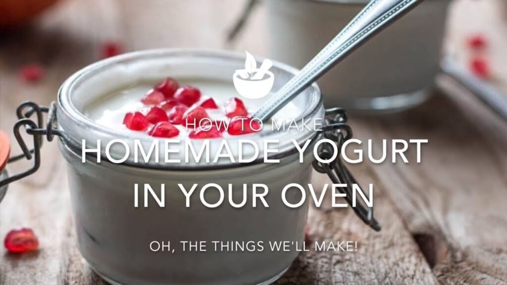 A bowl of creamy homemade yogurt sits on a kitchen counter near an oven.