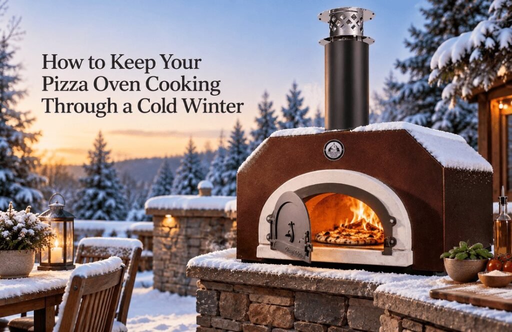 A snowy backyard scene featuring a glowing outdoor pizza oven during winter.