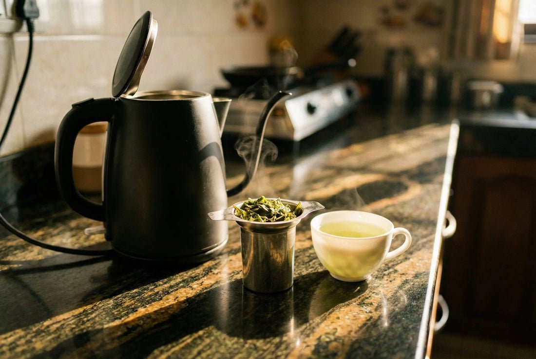 A person waits for an electric kettle to heat water in a kitchen.