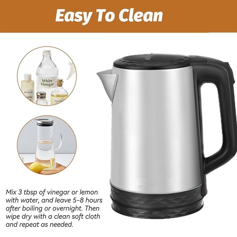 An electric kettle interior with limescale buildup next to cleaning supplies.
