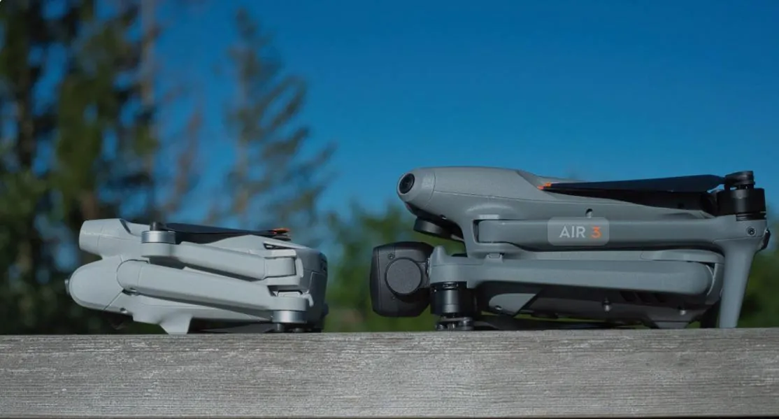 Close-up of DJI Mini 4 Pro and DJI Air 3 drone hardware components.