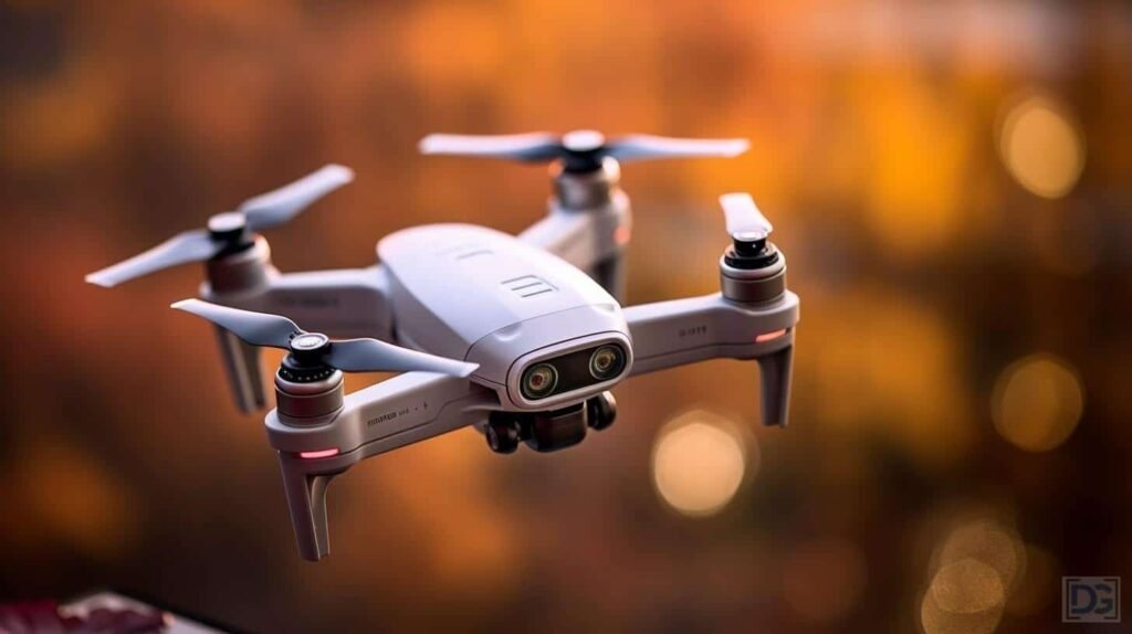 A compact drone flying over a scenic meadow captures the best drones under 250 grams.