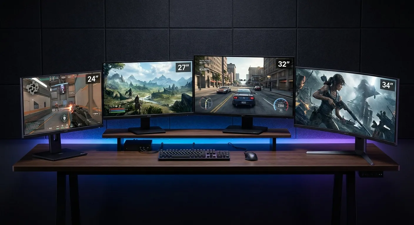 A compact gaming monitor sits on a desk in a competitive setup.