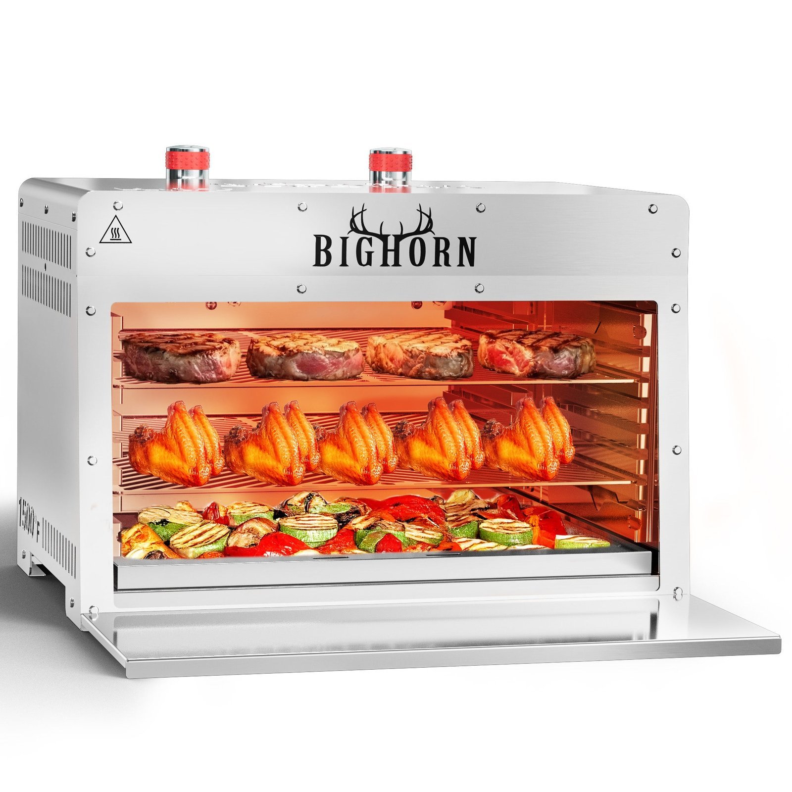 Adjusting the rack height while cooking meat in an infrared oven.