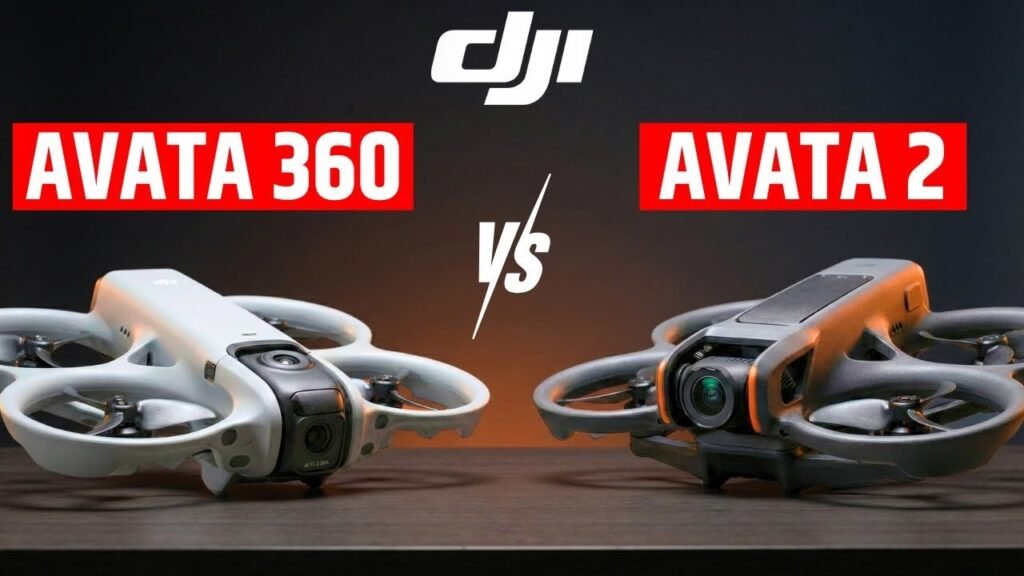 A DJI Avata 2 and a 360-camera drone displayed on a clean workshop table.