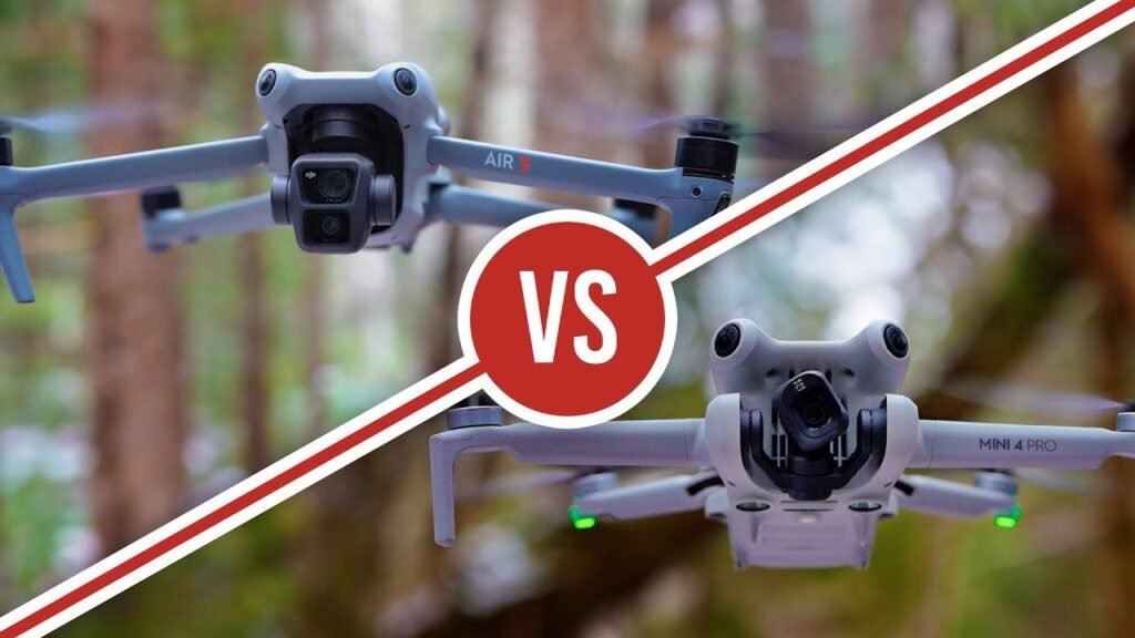The DJI Mini 4 Pro and DJI Air 3 drones sitting together outdoors.