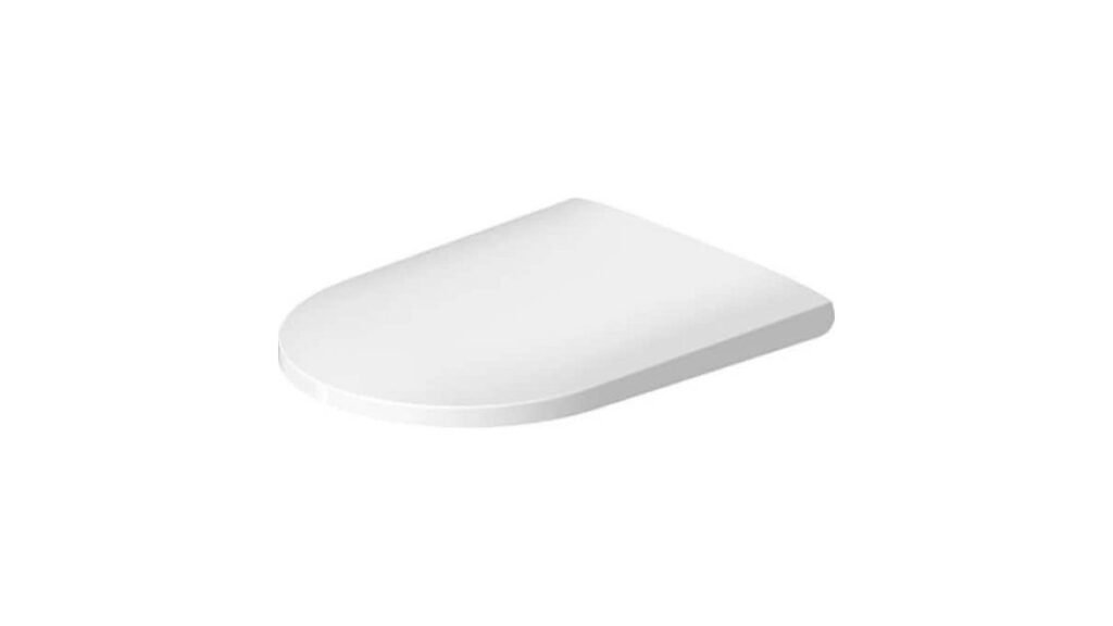 A modern white Duravit universal elongated toilet in a bright, minimalist bathroom setting.