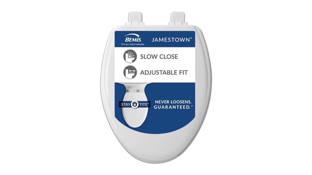 A modern elongated toilet seat with a slow-close mechanism in a clean bathroom.