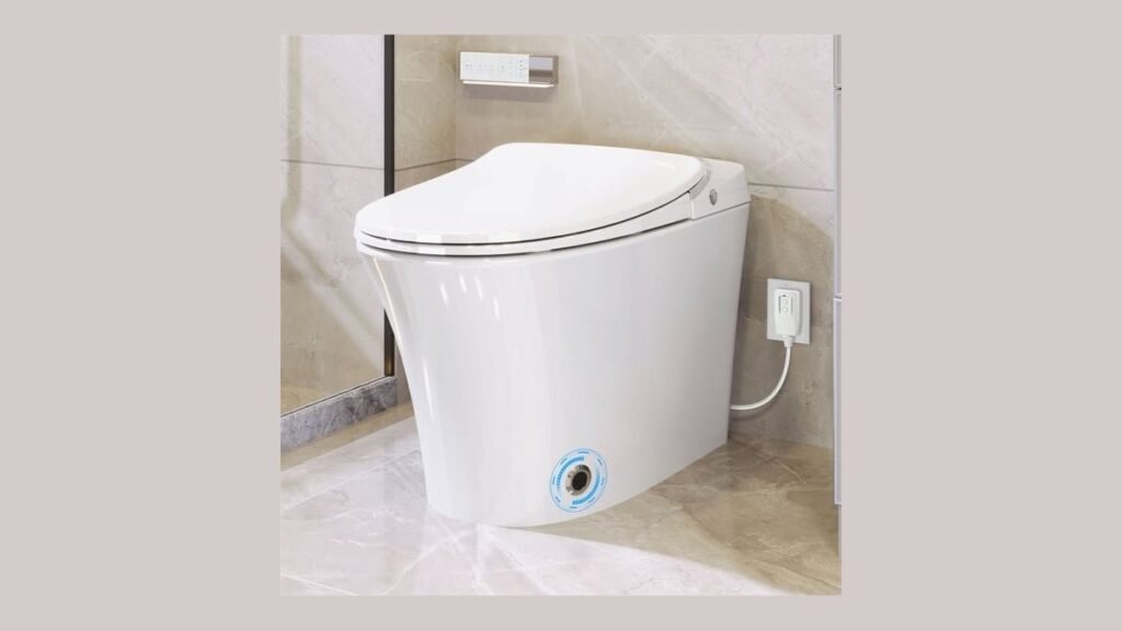 A modern bathroom display comparing a heated toilet seat and a bidet seat.