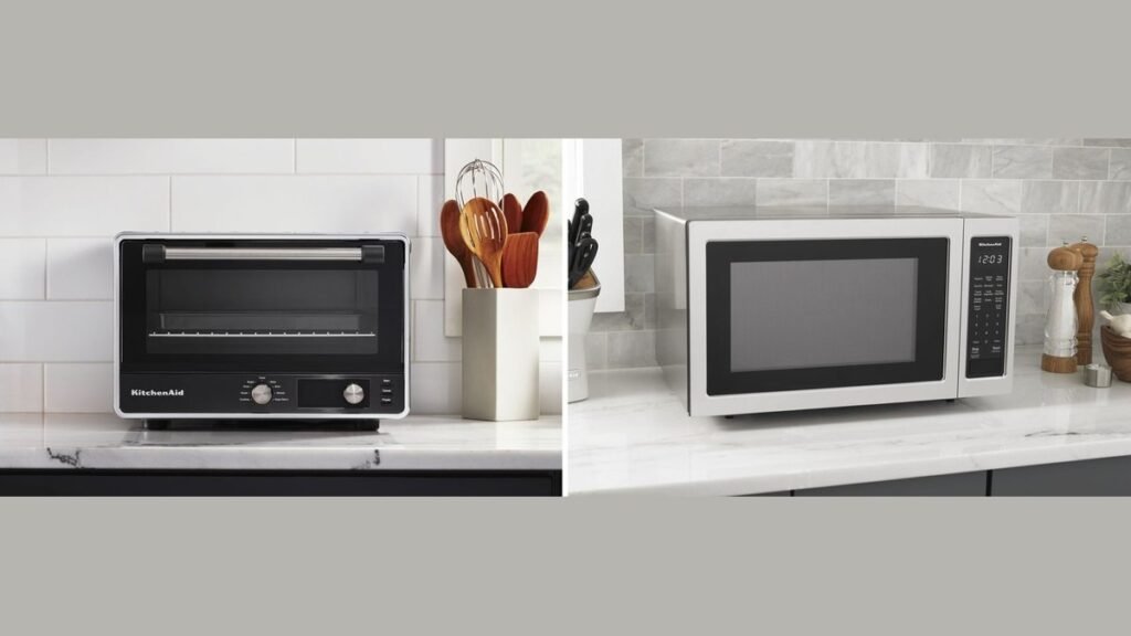 A modern kitchen showcasing the difference between a built-in wall oven and countertop oven.