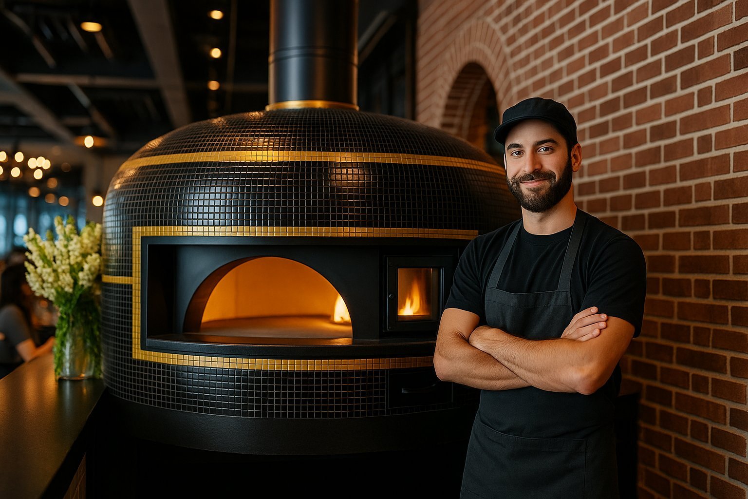 A person preparing a fresh pizza in a portable home oven.