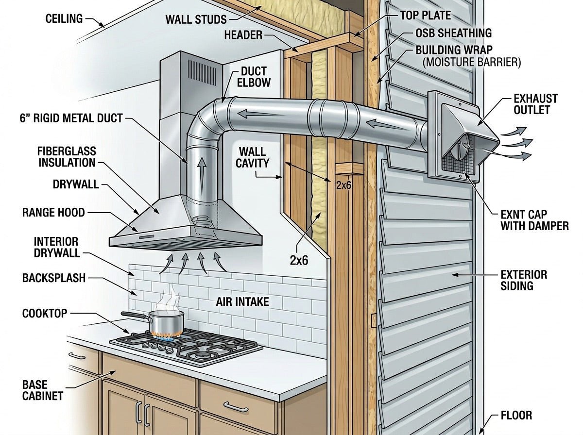 A kitchen contractor inspecting the wall during a range hood installation process.