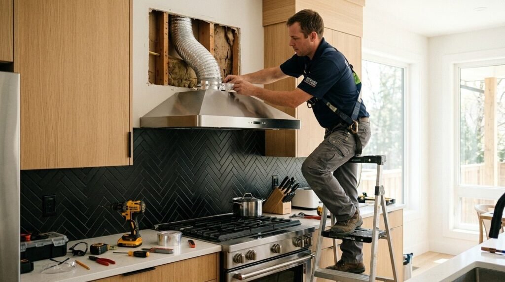 A professional range hood installed in a modern kitchen ready for cooking.