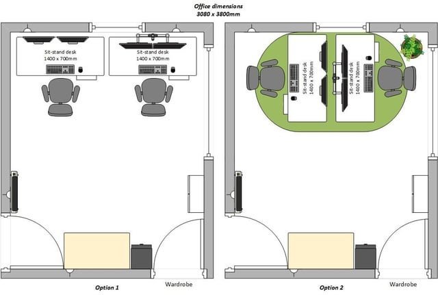 A smart dual-desk layout optimized for a small office room floor plan.