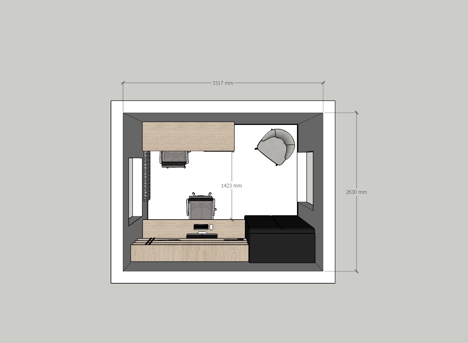A desk monitor rotated to avoid window glare in a small office.