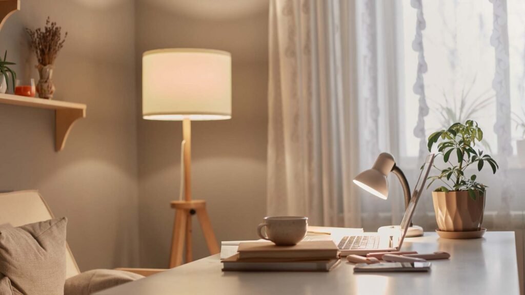 A variety of desk lamps displayed on a clean workspace for choosing the best lighting.