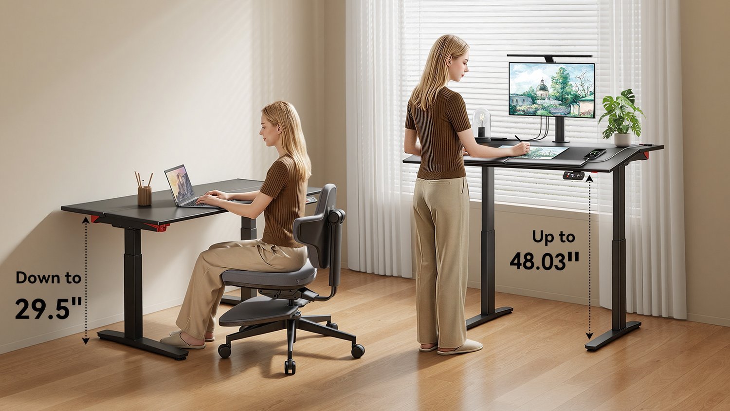 Three different styles of standing desks arranged in a bright, modern studio.