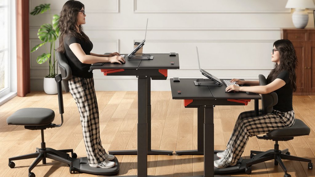 A clean, modern home office featuring a versatile standing desk setup.