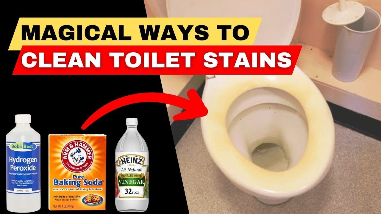 Natural cleaning supplies like vinegar and baking soda arranged for bathroom maintenance.
