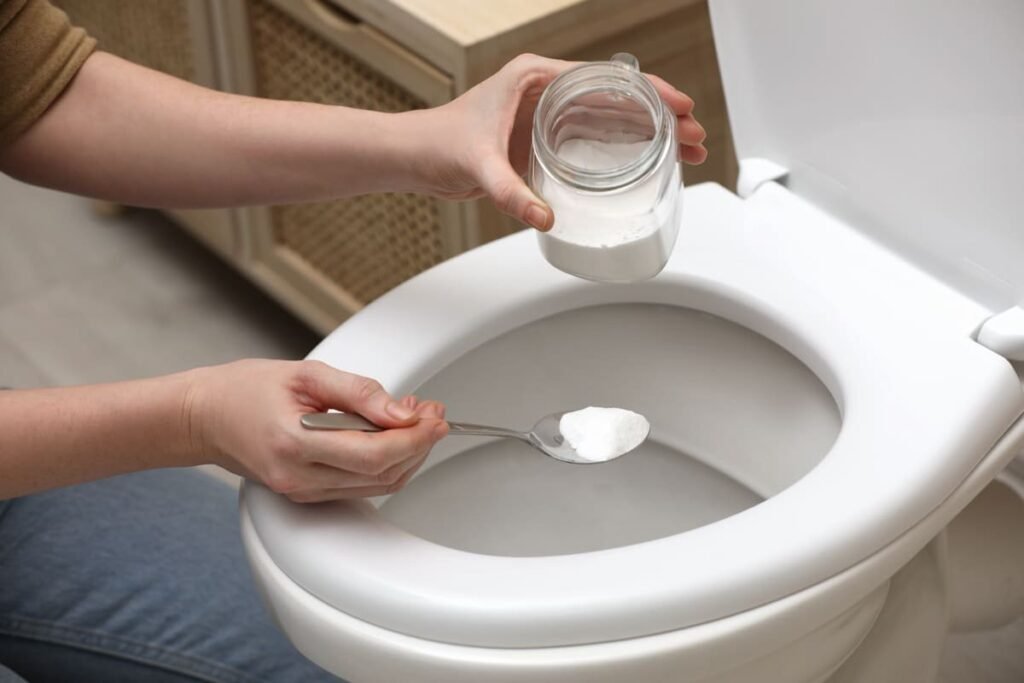 A clean, modern bathroom setup featuring natural cleaning supplies for a toilet seat.