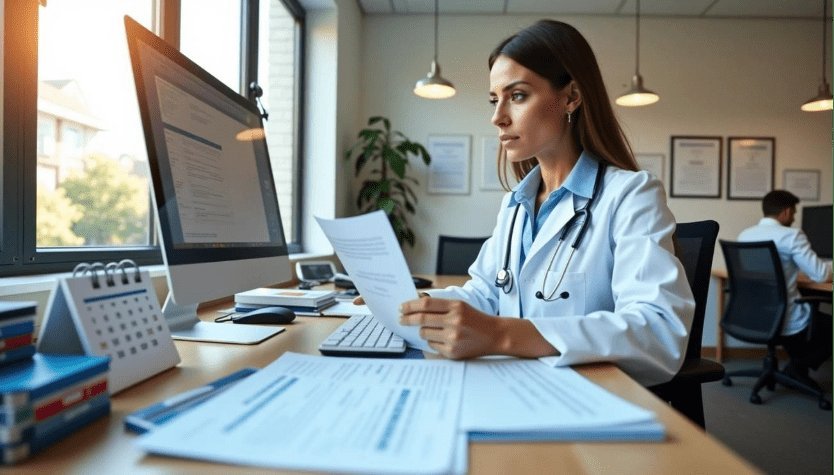 A healthcare professional managing medical office referrals at a clean, modern workstation.