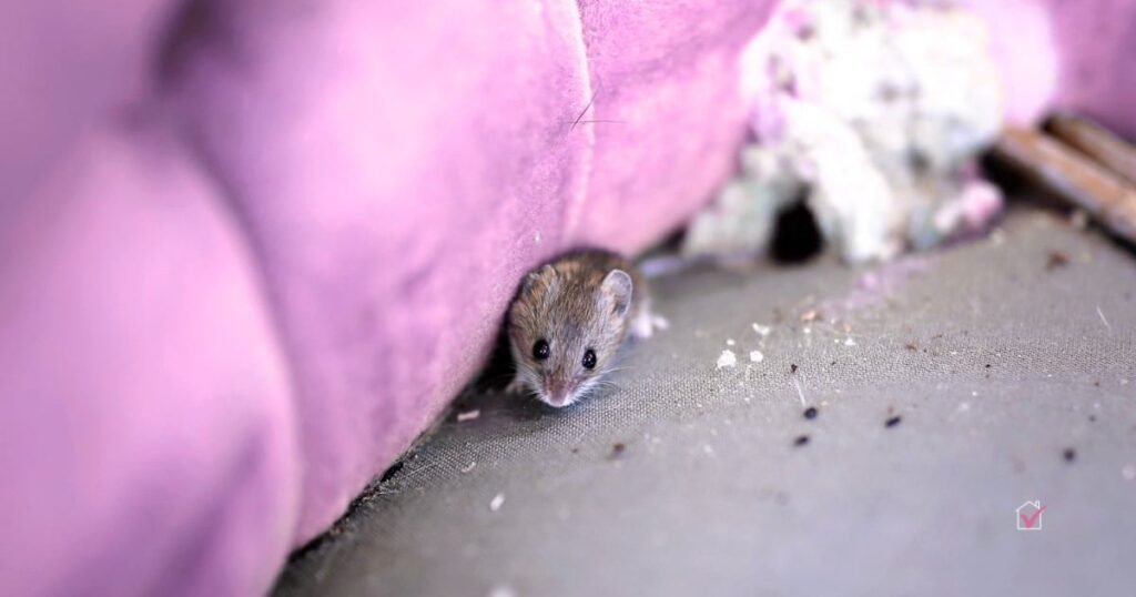 A small mouse hiding underneath a modern grey sofa in a living room.
