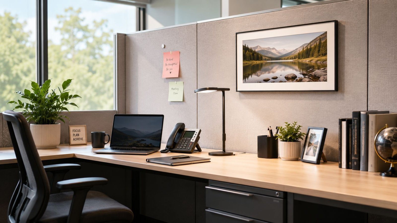 An acrylic wall pocket organizer mounted on a fabric cubicle partition.